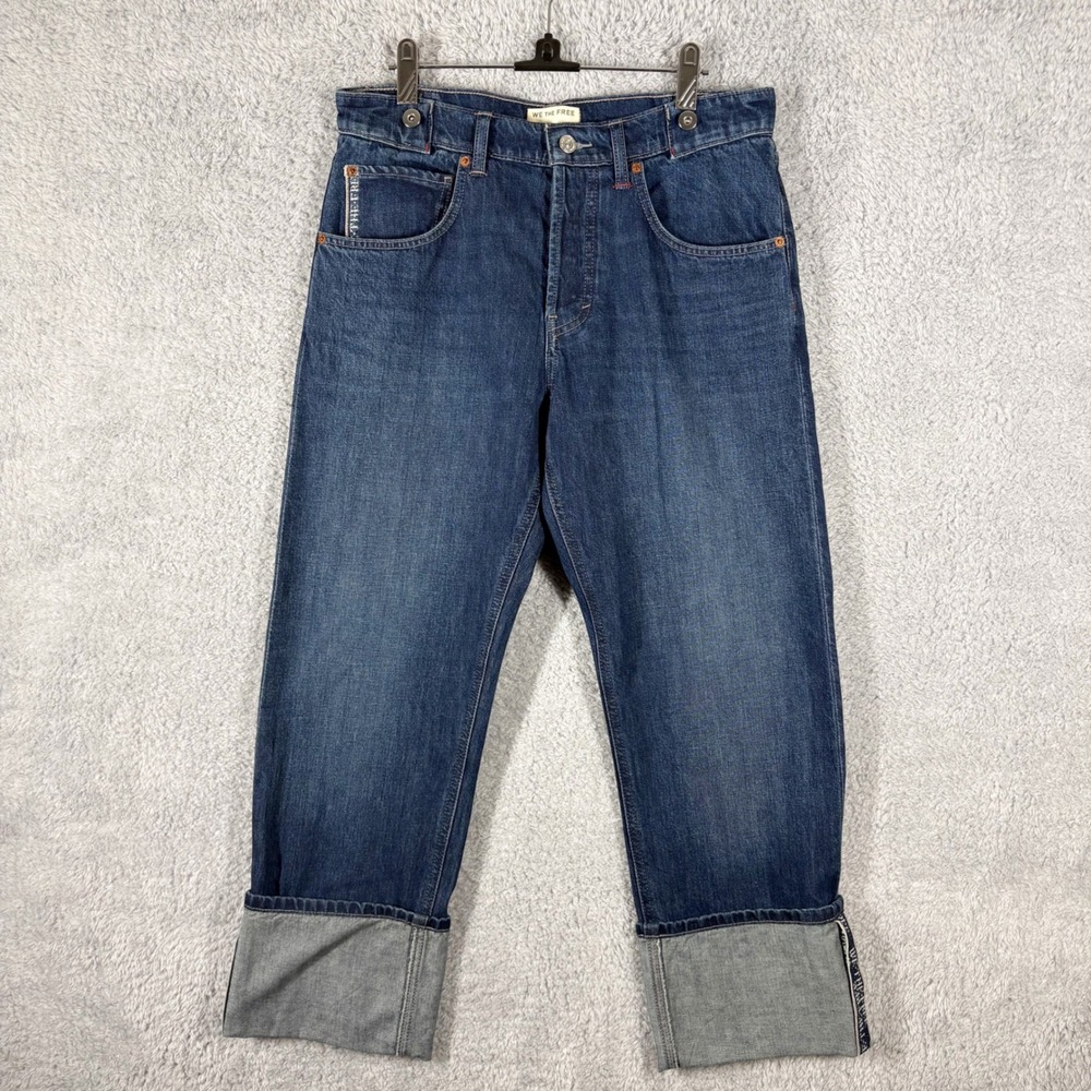 Free People Slim Shade Selvedge Cuffed Wide Leg Jeans Size 30 Dark Wash Logo - Picture 2 of 10